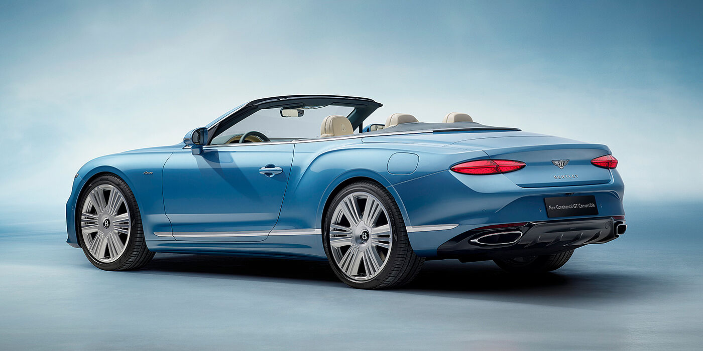 Bentley Hamburg New Bentley Continental GTC Azure convertible rear view in Light Windsor blue paint with 22 inch ten spoke wheels and chrome exterior details