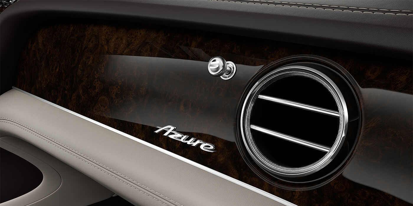 Bentley Hamburg Bentley Bentayga EWB Azure SUV veneer detail in Dark Stained Burr Walnut with Azure chrome fascia badge