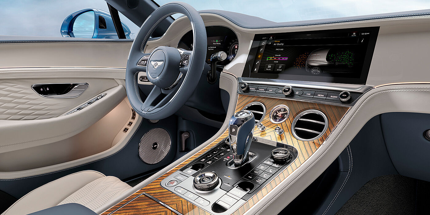 Bentley Hamburg New Bentley Continental GTC Azure convertible interior front cabin view with Linen and Brunel hides and Piano Linen by Mulliner veneer featuring centre console and centre MMI screen