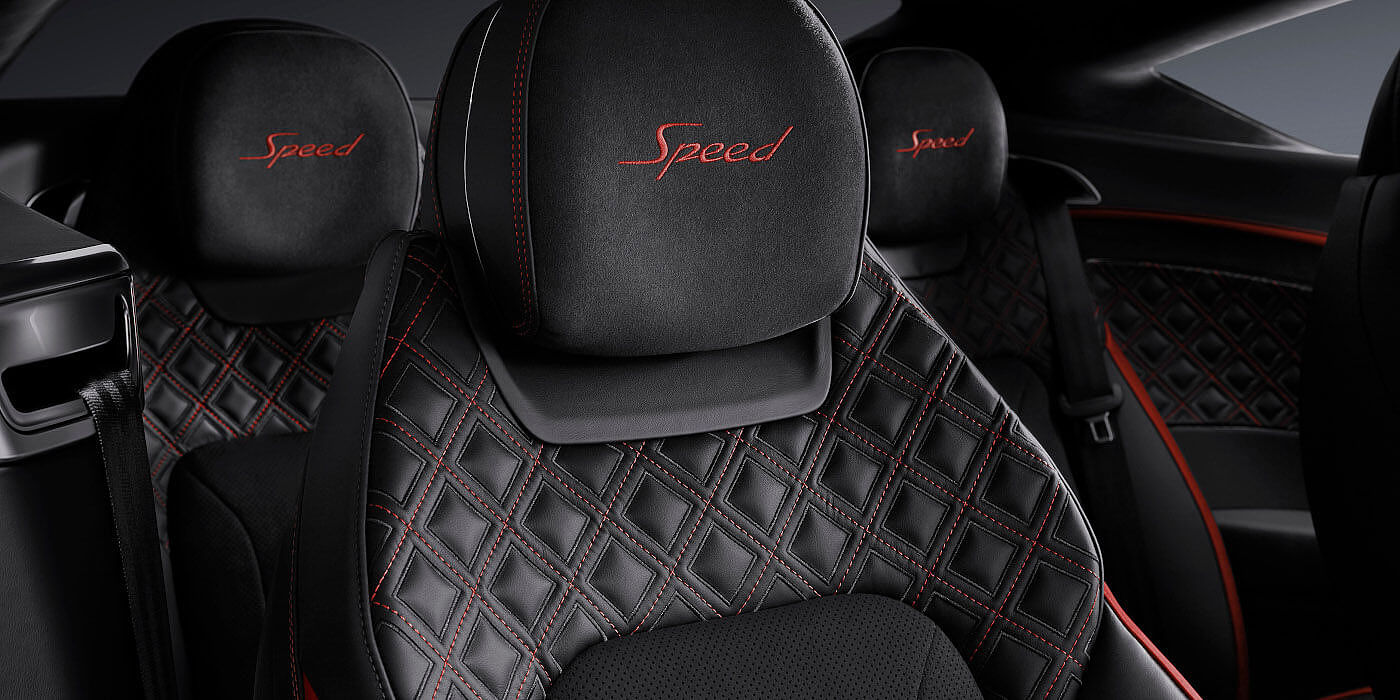 Bentley Hamburg Bentley Continental GT Speed coupe seat close up in Beluga black and Hotspur red hide