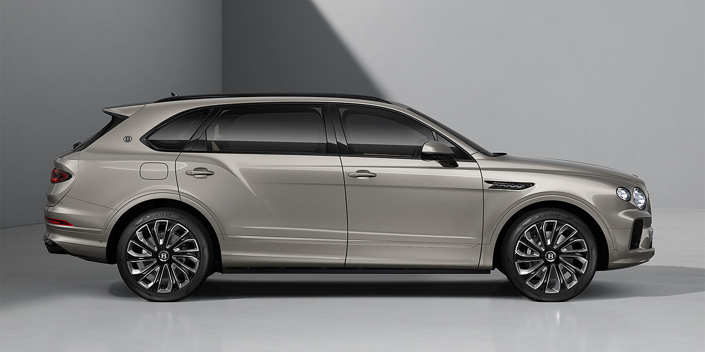 Bentley Hamburg Bentayga EWB Artenara Edition SUV in Pale Brodgar paint with 22" Mulliner Gloss black wheel profile