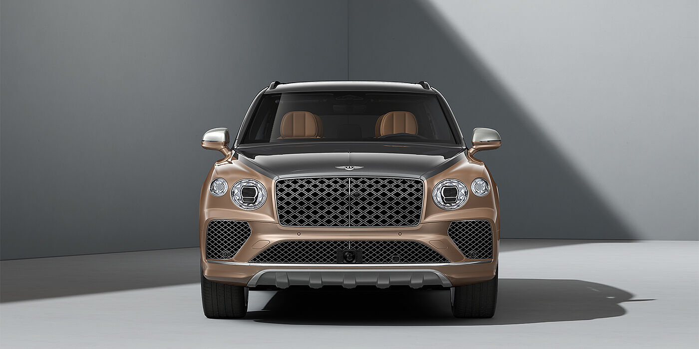 Bentley Hamburg Bentley Bentayga EWB Mulliner SUV in Magnetic and Rose Gold paint and 22" Mulliner wheels full front