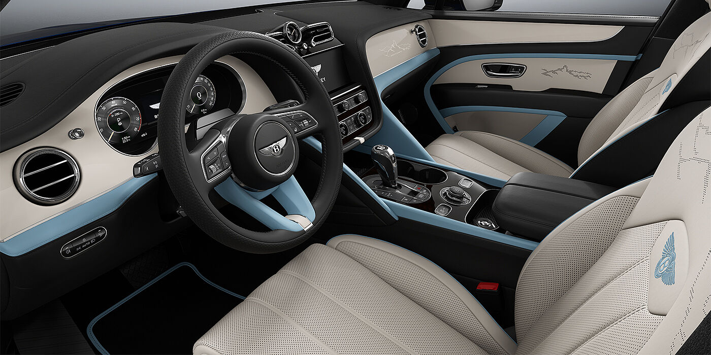 Bentley Hamburg Bentley Bentayga Artenara Edition SUV front cabin in Linen and Beluga Black hides with Light Blue accents and Piano Linen veneer