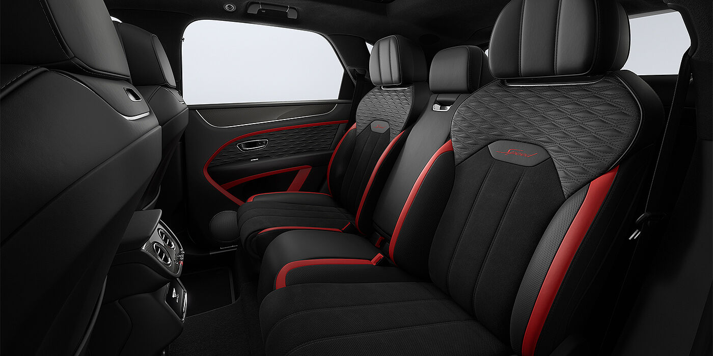 Bentley Hamburg Bentley Bentayga Speed SUV rear interior in Pillar Box Red and Beluga black hides and Speed seat stitching