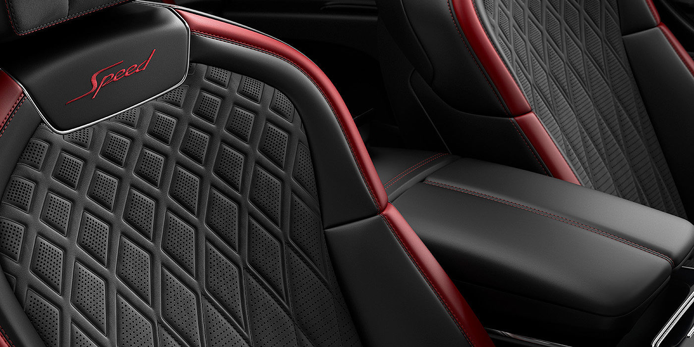 Bentley Hamburg Bentley Flying Spur Speed sedan seat stitching detail in Beluga black and Cricket Ball red hide