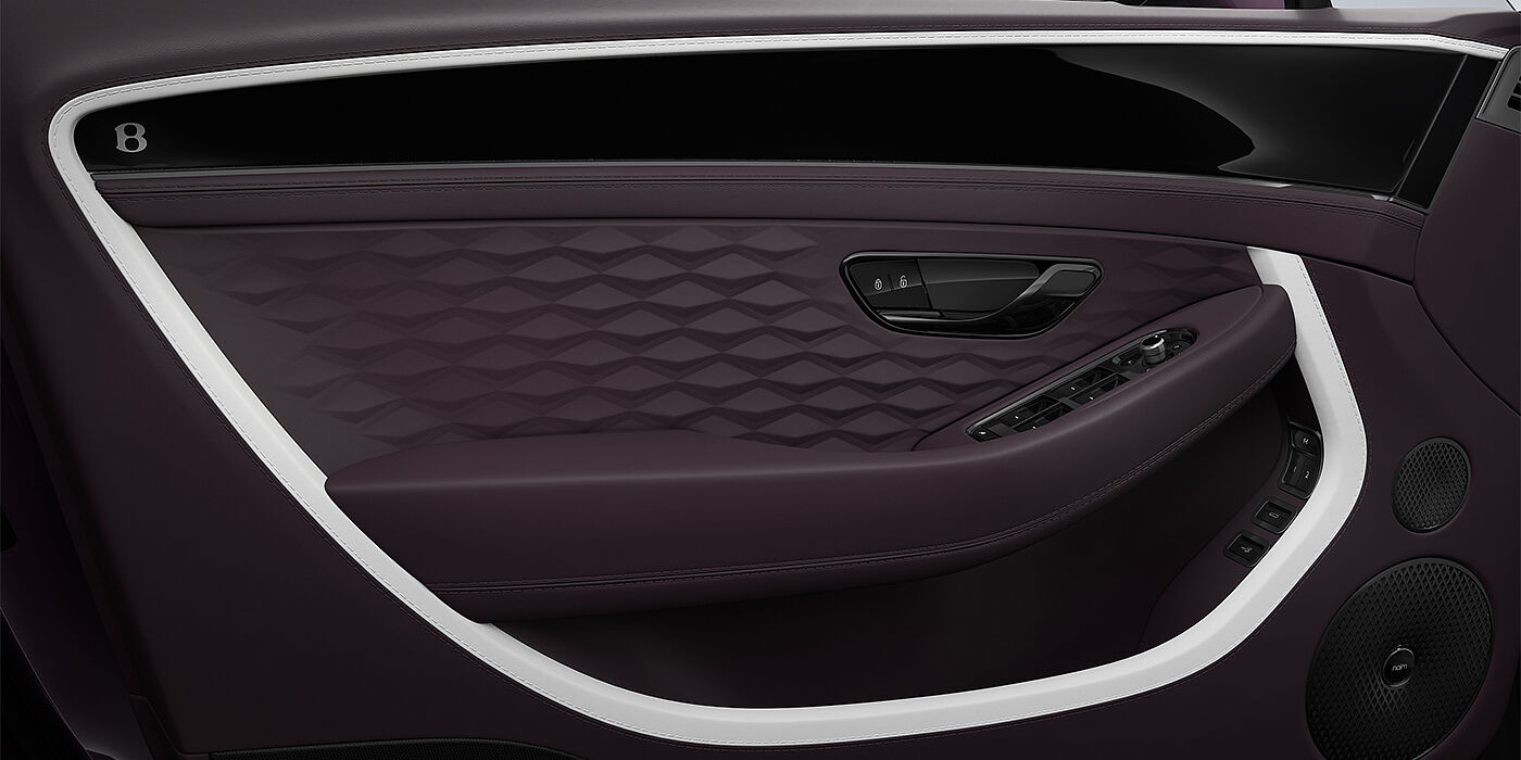 Bentley Hamburg Bentley Continental GT Mulliner coupe door detail in Beluga black and Damson hides with white accent hide