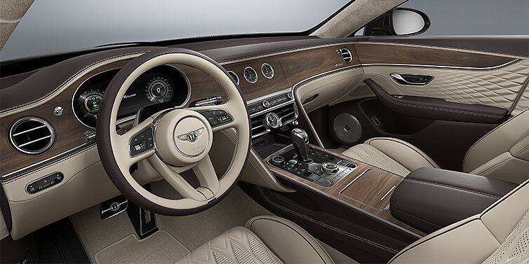 Bentley Hamburg New Bentley Flying Spur Azure sedan front interior in Portland and Burnt Oak hides with Open Pore Crown Cut Walnut veneer