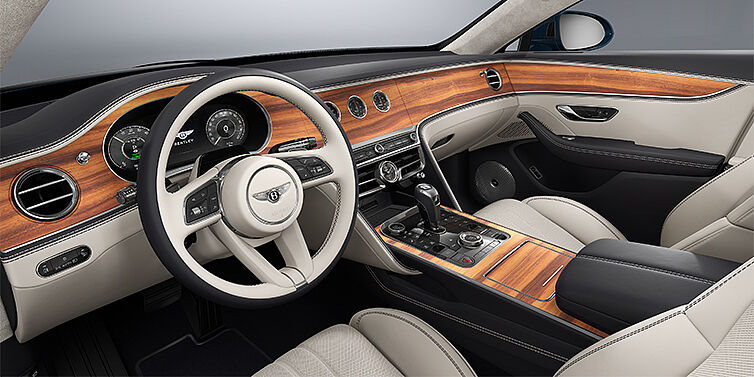 Bentley Hamburg New Bentley Flying Spur sedan front interior in Linen and Imperial Blue hides with Open PoreKoa veneer