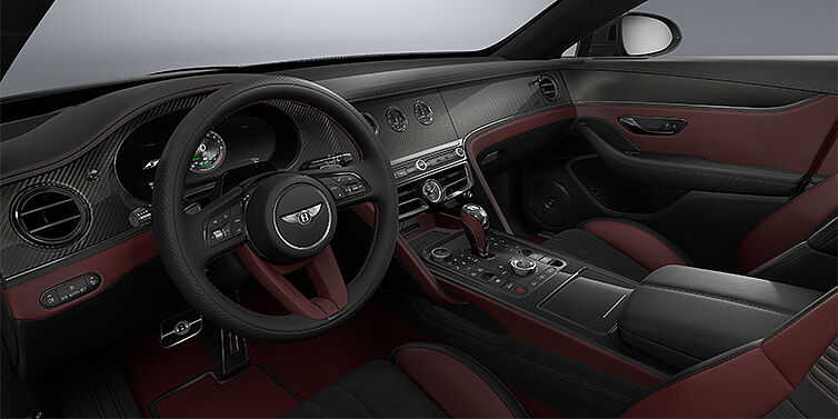 Bentley Hamburg New Bentley Flying Spur S sedan front interior in Cricket Ball red  and Beluga Black hides with Diamond Brushed Dark Tint Aluminium veneer