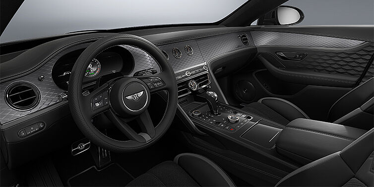 Bentley Hamburg New Bentley Flying Spur Speed sedan front interior in Gravity Grey and Beluga Black hides with Diamond Brushed Dark Tint Aluminium veneer