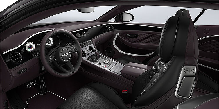 Bentley Hamburg Bentley Continental GT Mulliner coupe front interior in Beluga black and Damson hides with white accent hide