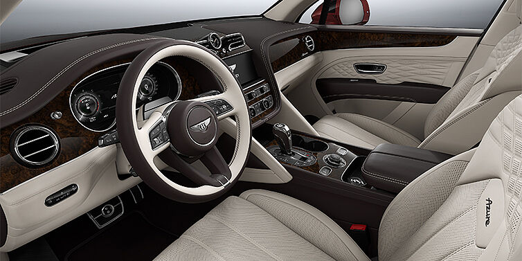 Bentley Hamburg Bentley Bentayga EWB Azure SUV front interior in Linen and Burnt Oak hides with Dark Stained Burr Walnut veneer