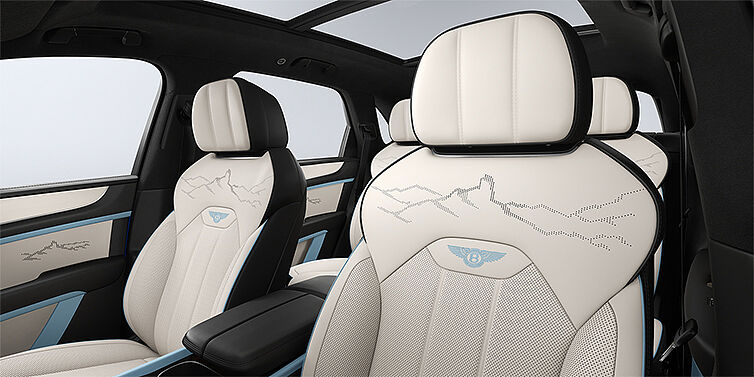 Bentley Hamburg Bentley Bentayga Artenara Edition SUV front seats in Linen and Beluga Black hides with Light Blue accents and Artenara stitch detail
