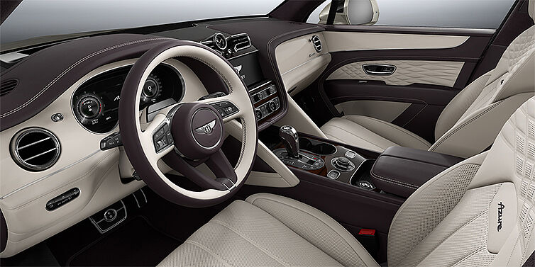 Bentley Hamburg Bentley Bentayga Azure SUV front interior in Linen and Damson hides with Piano Linen veneer