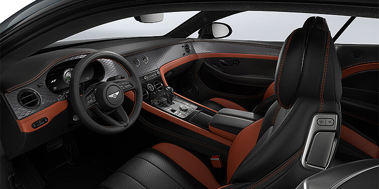 Bentley Hamburg Bentley Continental GT coupe front interior in Newmarket Tan and Beluga black hides with Diamond Brushed Dark Tint Aluminium veneer