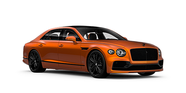 Bentley Hamburg Bentley Flying Spur Speed front side angled view in Orange Flame coloured exterior. 
