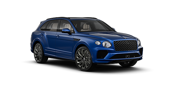 Bentley Hamburg  Bentayga Artenara Edition SUV in Sequin Blue paint with 22" Mulliner Gloss black wheel front 3/4