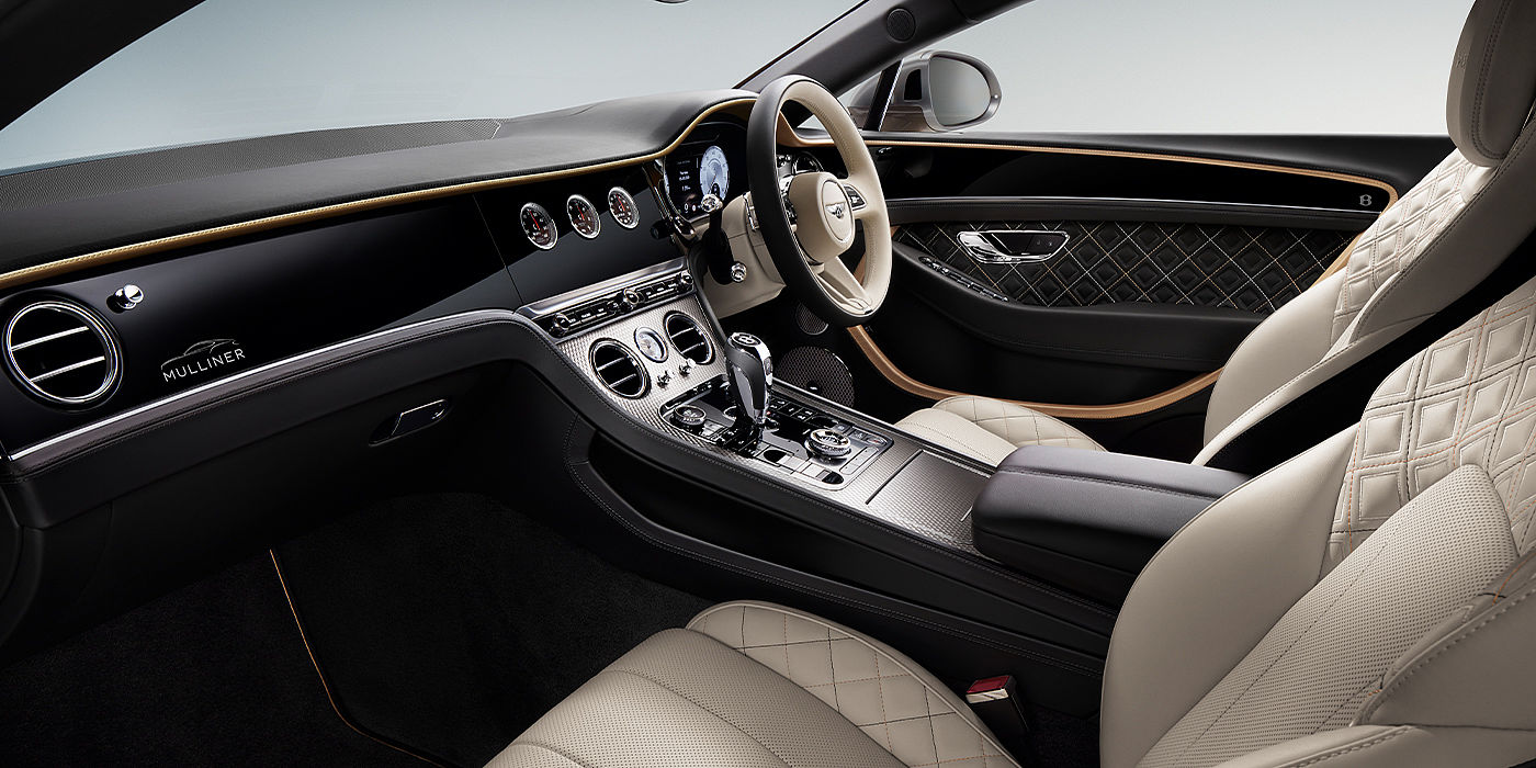 Bentley Hamburg Bentley Continental GT Mulliner coupe front interior in Beluga black and Linen hide