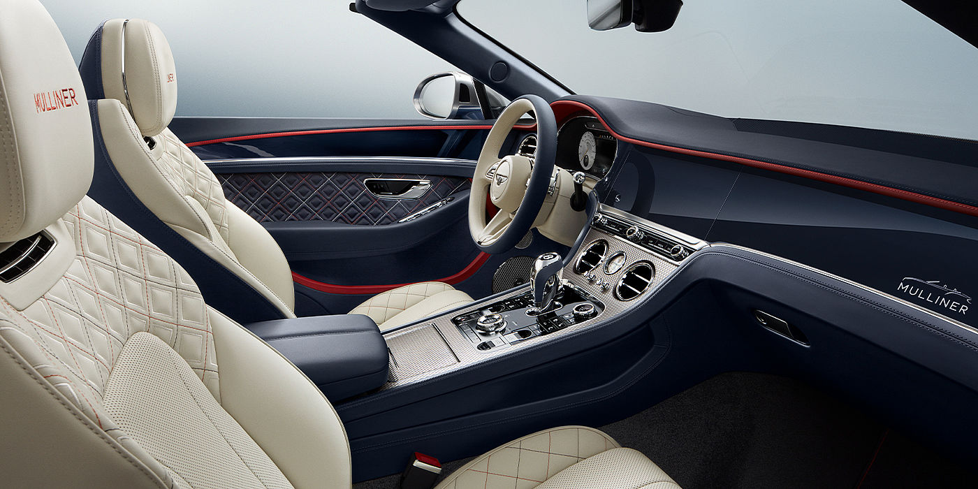 Bentley Hamburg Bentley Continental GTC Mulliner convertible front interior in Imperial Blue and Linen hide