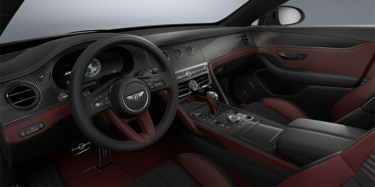Bentley Hamburg New Bentley Flying Spur S sedan front interior in Cricket Ball red  and Beluga Black hides with Diamond Brushed Dark Tint Aluminium veneer