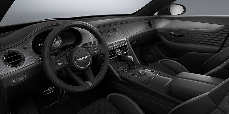 Bentley Hamburg New Bentley Flying Spur Speed sedan front interior in Gravity Grey and Beluga Black hides with Diamond Brushed Dark Tint Aluminium veneer