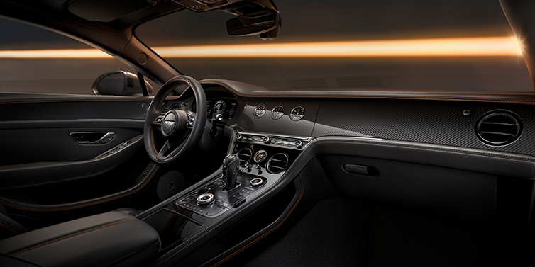 Bentley Hamburg Bentley Continental GT Black Edition coupe front interior with Beluga black hide and High Gloss Carbon Fibre veneer