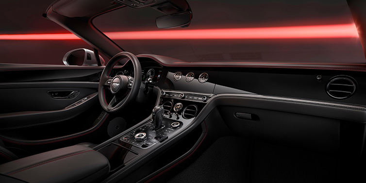 Bentley Hamburg Bentley Continental GTC Black Edition convertible front interior with Beluga black hide and High Gloss Carbon Fibre veneer