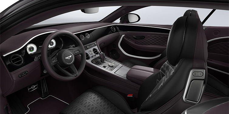 Bentley Hamburg Bentley Continental GT Mulliner coupe front interior in Beluga black and Damson hides with white accent hide