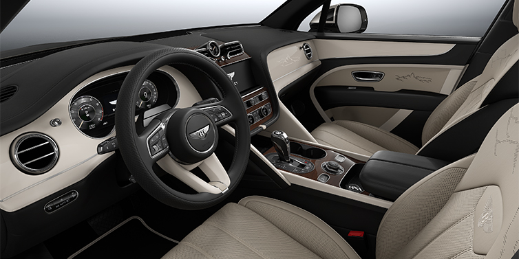 Bentley Hamburg Bentayga EWB Artenara Edition SUV front interior in Portand and Beluga Black hides with Piano Linen veneer