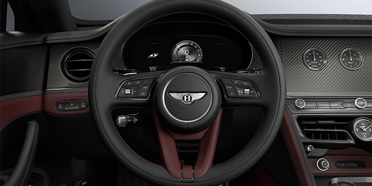 Bentley Hamburg New Bentley Flying Spur S sedan steering wheel and dash in Cricket Ball red and Beluga black hides and High Gloss Carbon Fibre veneer