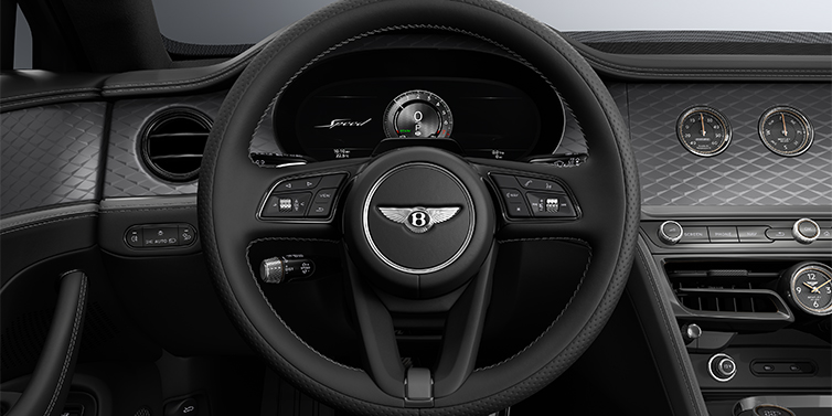 Bentley Hamburg New Bentley Flying Spur Speed sedan steering wheel and dash in Gravity Grey and Beluga black hides and Diamond Brushed Dark Tint Aluminium veneer