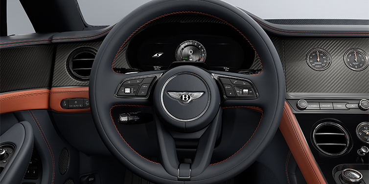 Bentley Hamburg Bentley Continental GTC S convertible steering wheel and dash in Newmarket Tan and Beluga Black hides with Carbon Fibre veneer